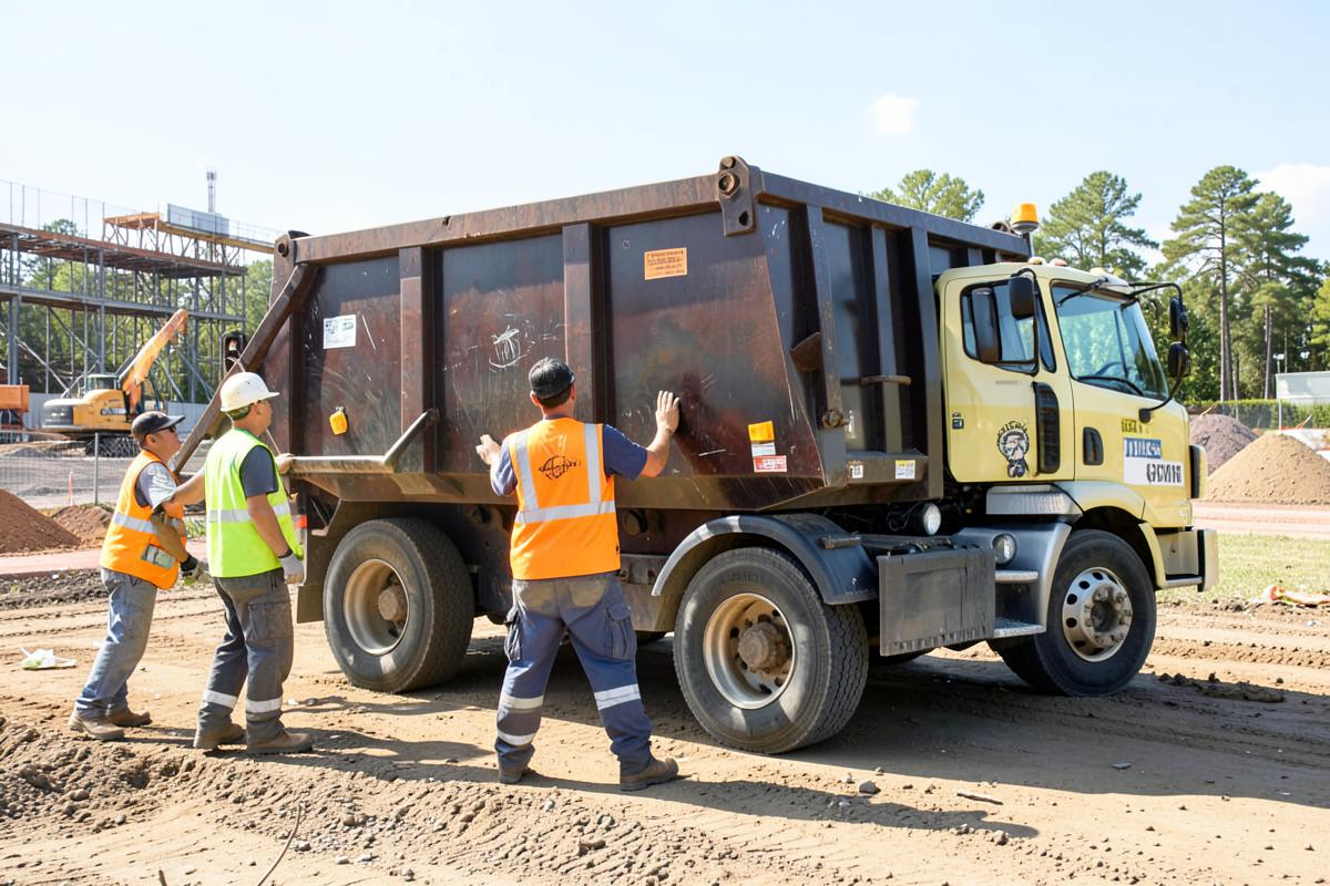 Roll-off truck delivering a dumpster to a construction site crew